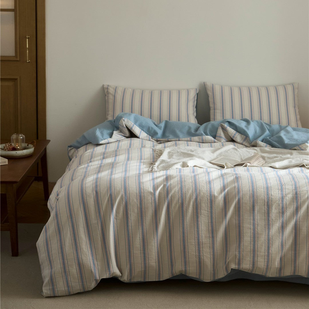 Reversible Striped Cotton-Linen Duvet Cover Set with Soft Brushed Backing