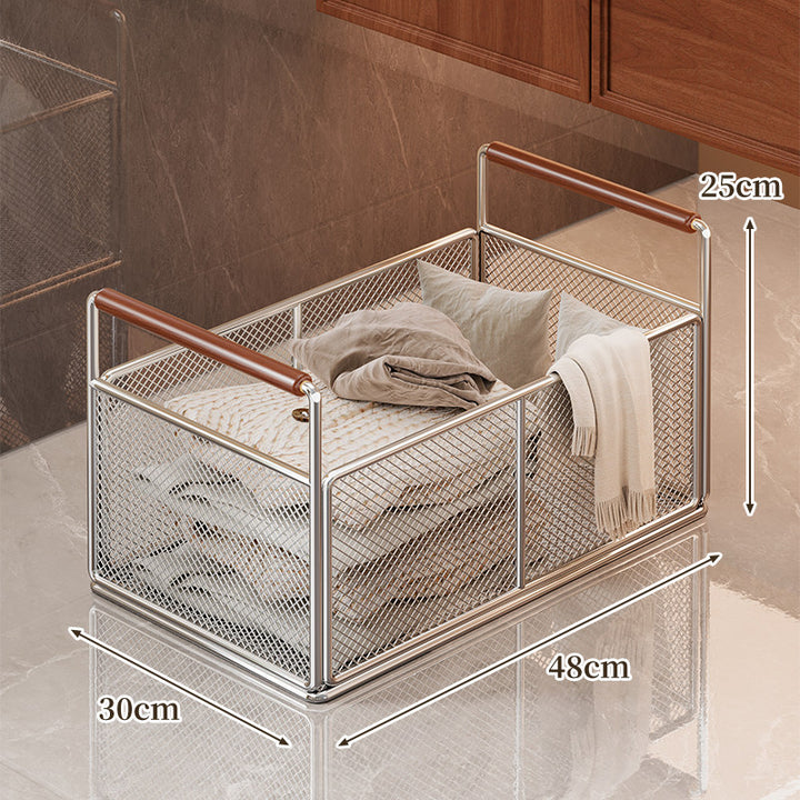 Rectangular Metal Mesh Storage Basket with Dual Wood-Hand Grips