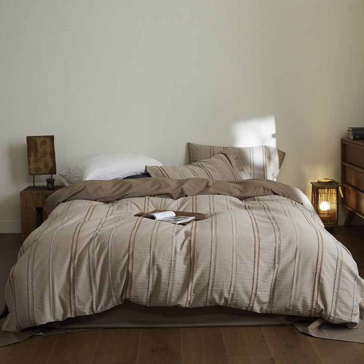 Breathable Washed Linen-Blend Striped Duvet Cover Set with Envelope Pillow Shams