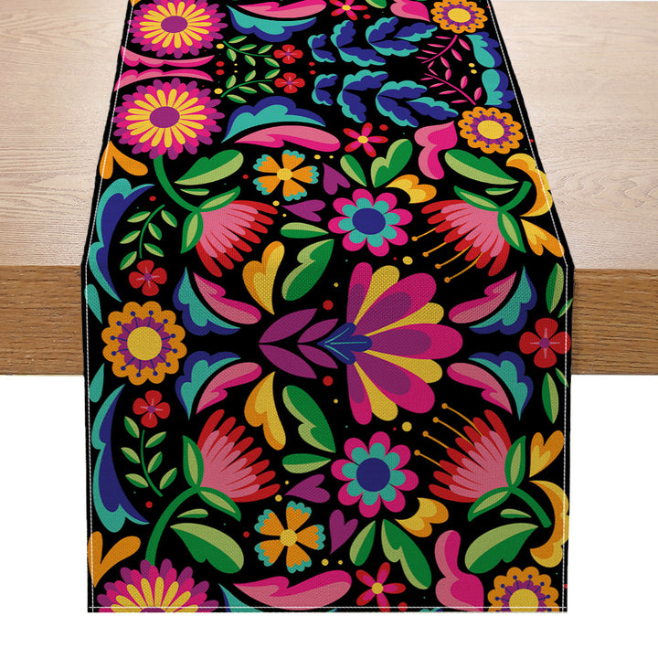 Folk Floral Table Runner Cotton-Blend Decorative Table Linen