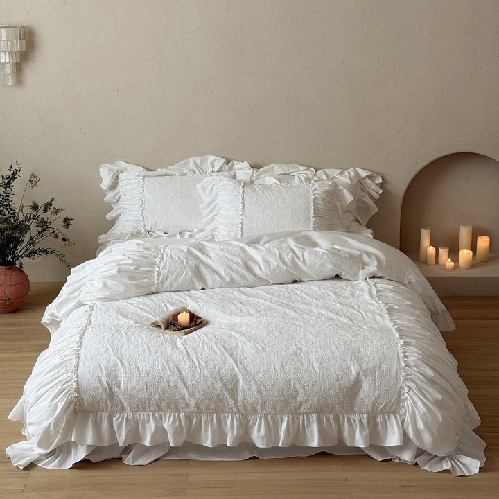 Boho Cotton Eyelet Embroidered Ruffled Duvet Cover Set with Hidden Closure & Frilled Shams