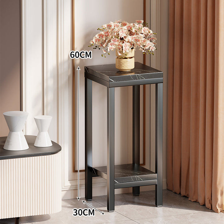 Tall Narrow Marble-Top Plant Stand Side Table with Lower Shelf and Gold Metal Frame