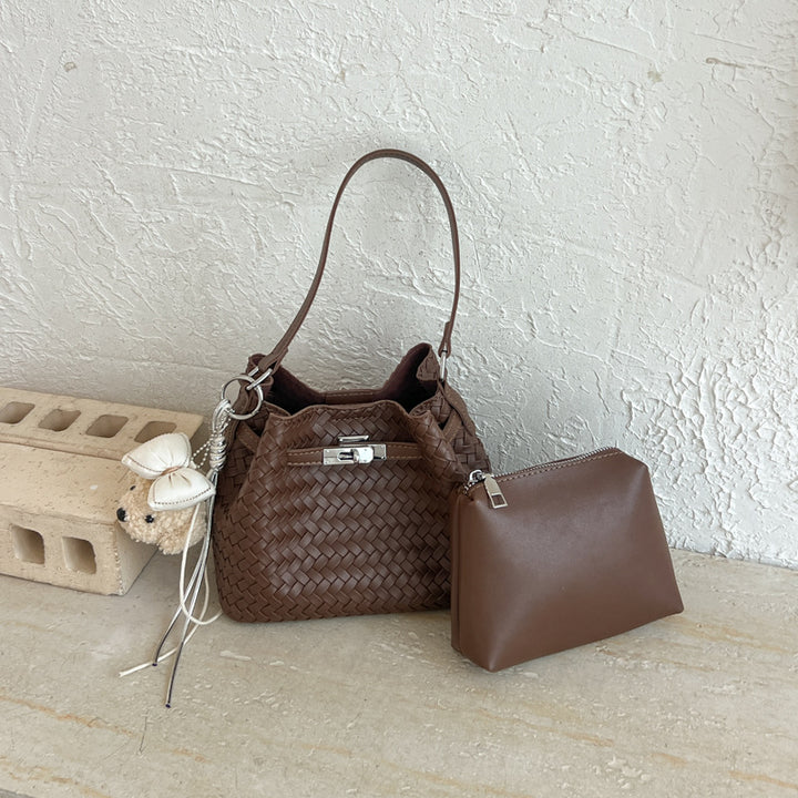 Woven Leather Bucket Tote Bag