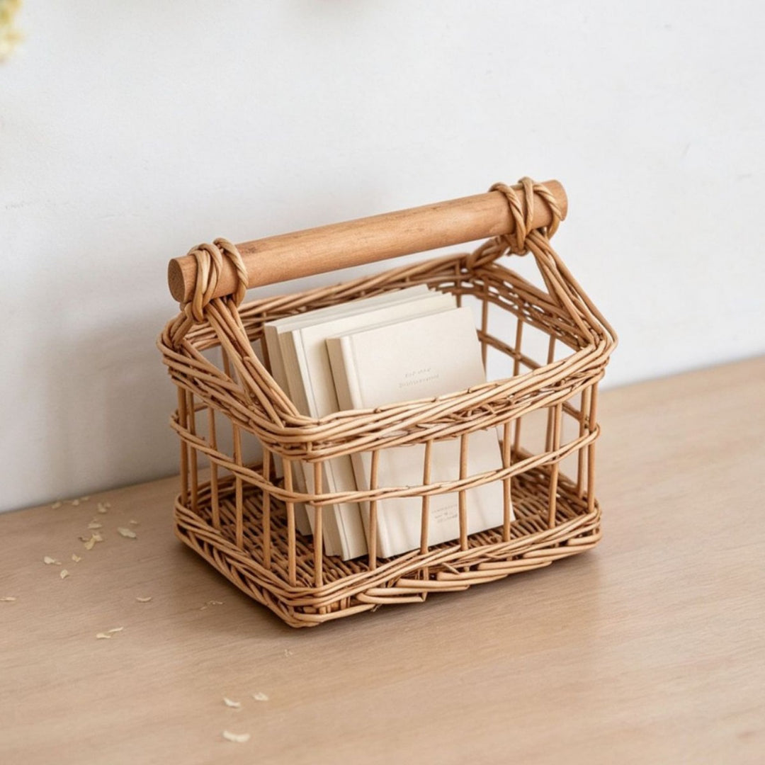 Handcrafted storage basket with wooden handle Stornfield