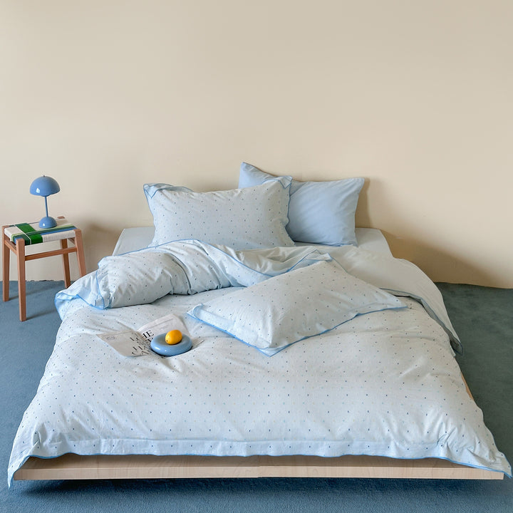 Cotton Sateen Duvet Cover Set with Micro Dot Print and Piped Shams