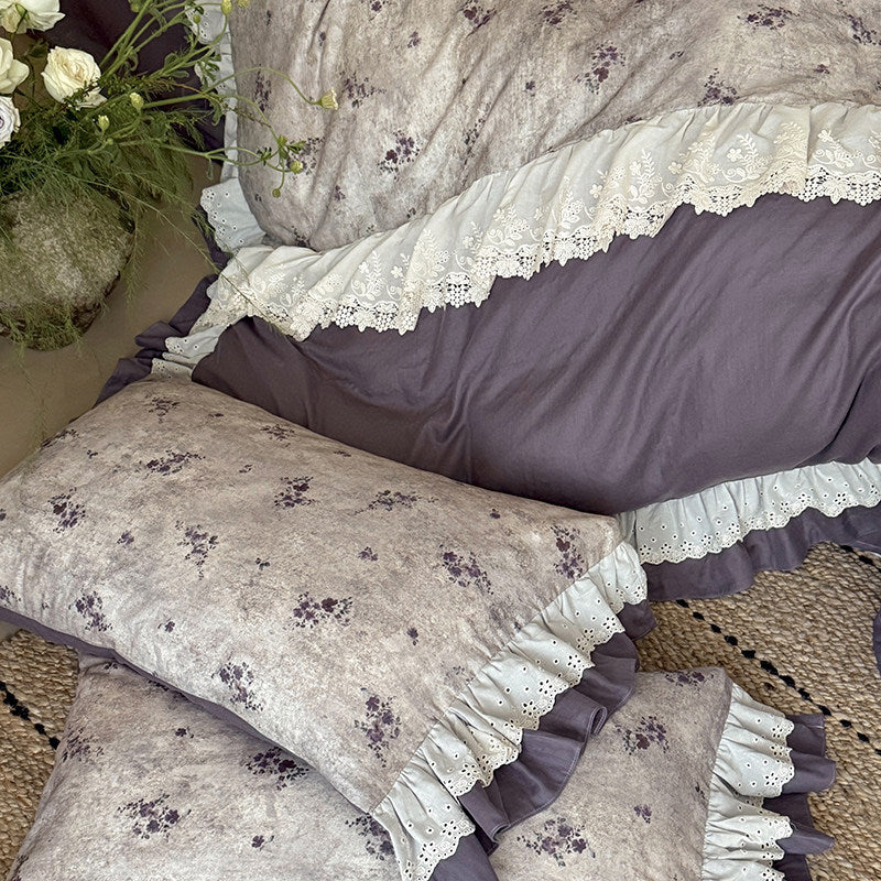 Reversible Floral-Print Ruffled Duvet Cover Set with Eyelet Lace Trim and Matching Shams
