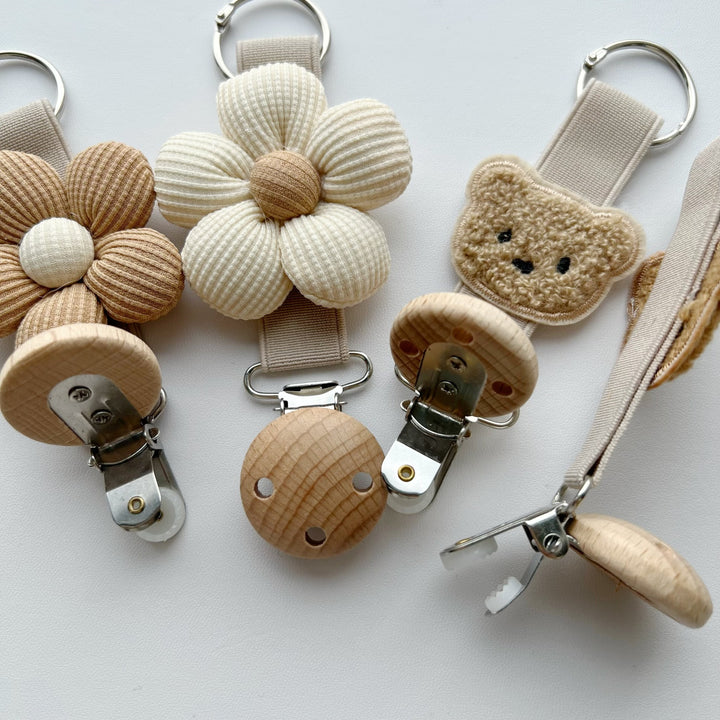 Embroidered Teddy Pacifier and Teether Clip with Wooden Safety Clamp