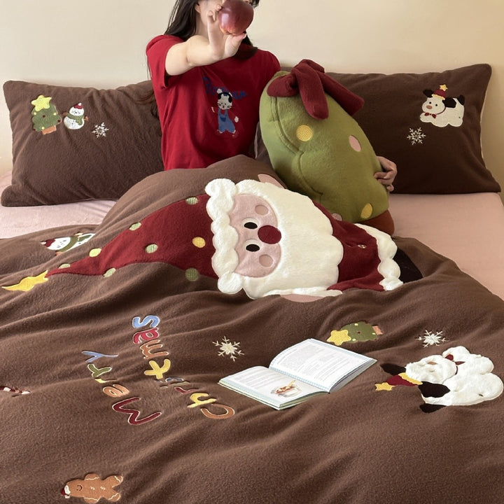 Christmas Plush Appliqué Fleece Duvet Cover Set with Reversible Lining