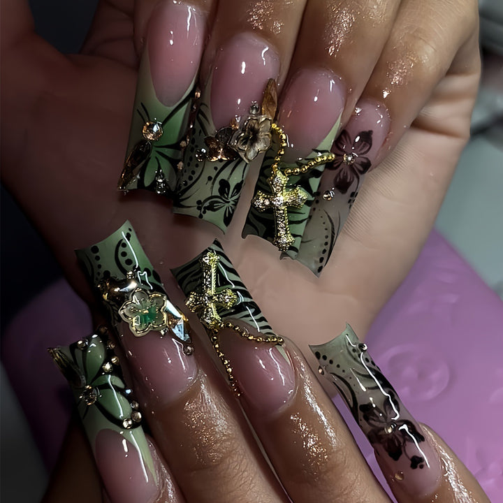 Decorative Floral Press-On Nails with Gem Accents Stornfield
