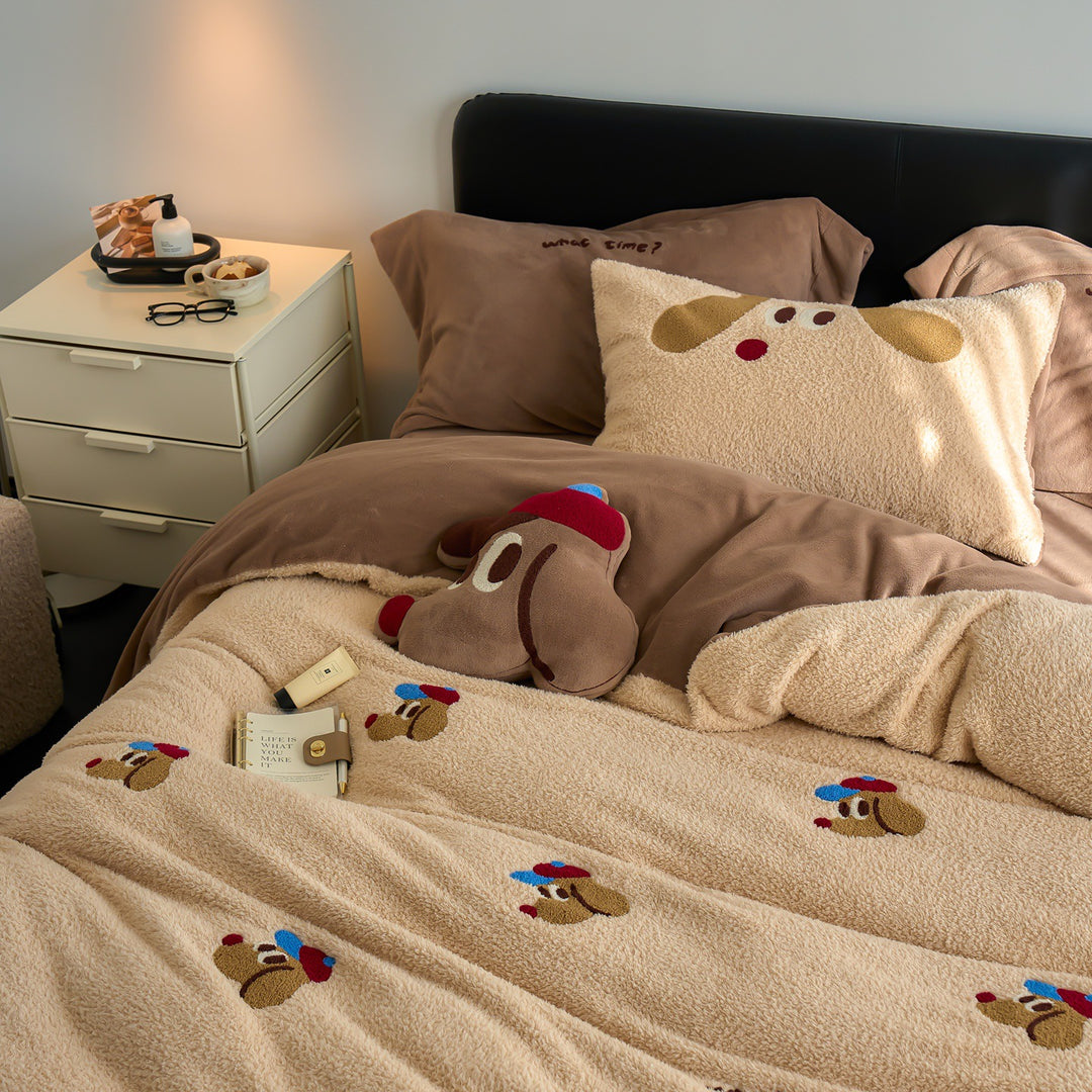 Plush Sherpa Embroidered Cartoon Dog Duvet Cover Set