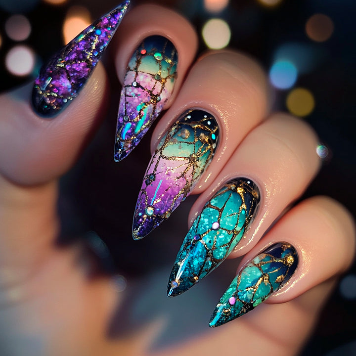 Exclusive stiletto artificial nails with glitter and ombre design Stornfield