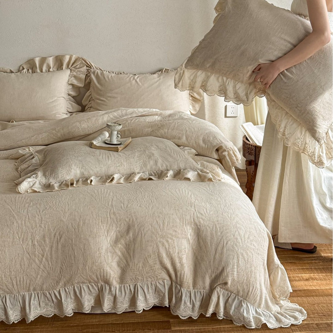 Cotton-linen bedding set with subtle jacquard floral pattern and ruffle trim