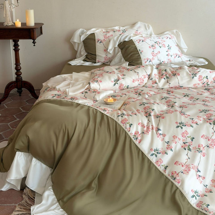 Reversible Botanical Blossom Duvet Cover with Satin Ruffle Pillow Sham Set
