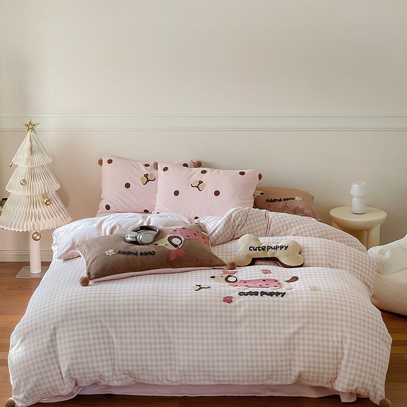 Embroidered Gingham Puppy Duvet Cover Bedding Set with Plush Accent Pillows