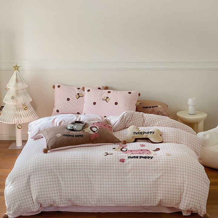 Embroidered Gingham Puppy Duvet Cover Bedding Set with Plush Accent Pillows