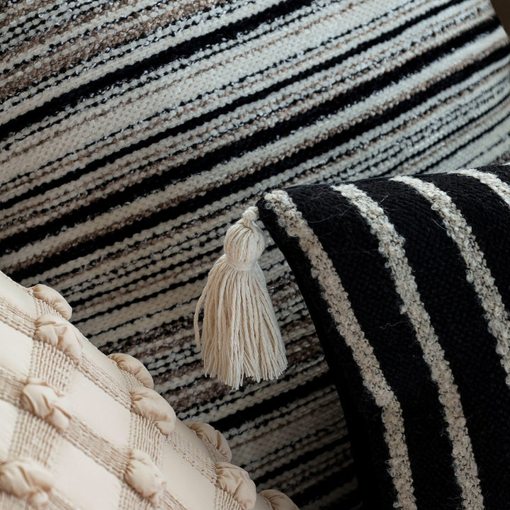 Square woven cushion cover with fine striped texture and fringe edge Stornfield