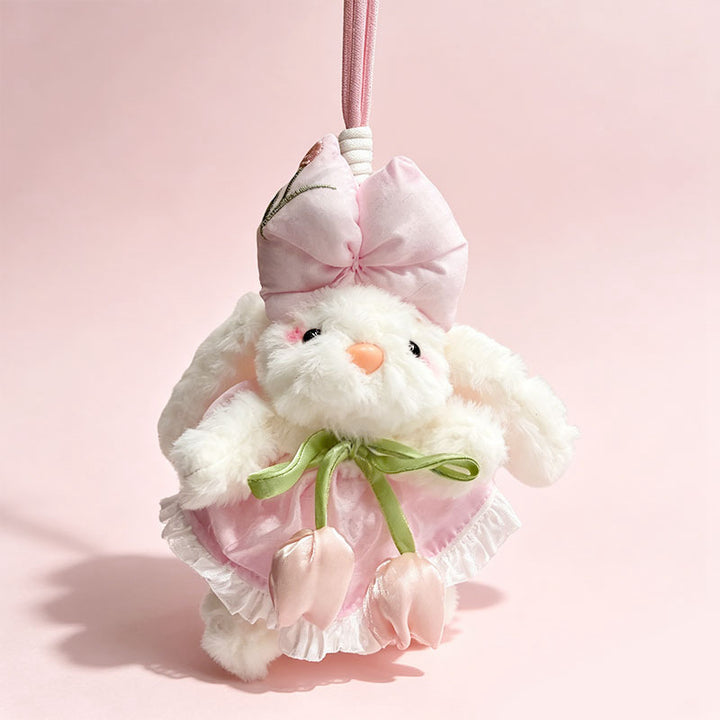 Plush Bunny Bag Charm Keychain with Decorative Bow and Floral Dress Stornfield