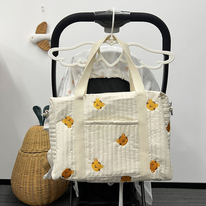 Quilted Baby Diaper Backpack Bag with Embroidered Plush Bear Accents