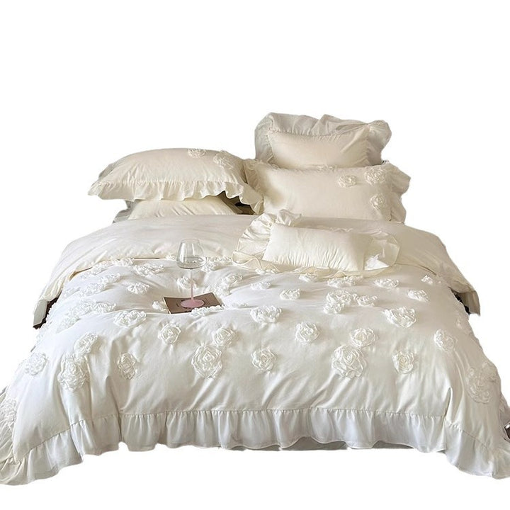 Luxury Appliqué Rose Ruffled Duvet Cover Set with Frilled Pillow Shams