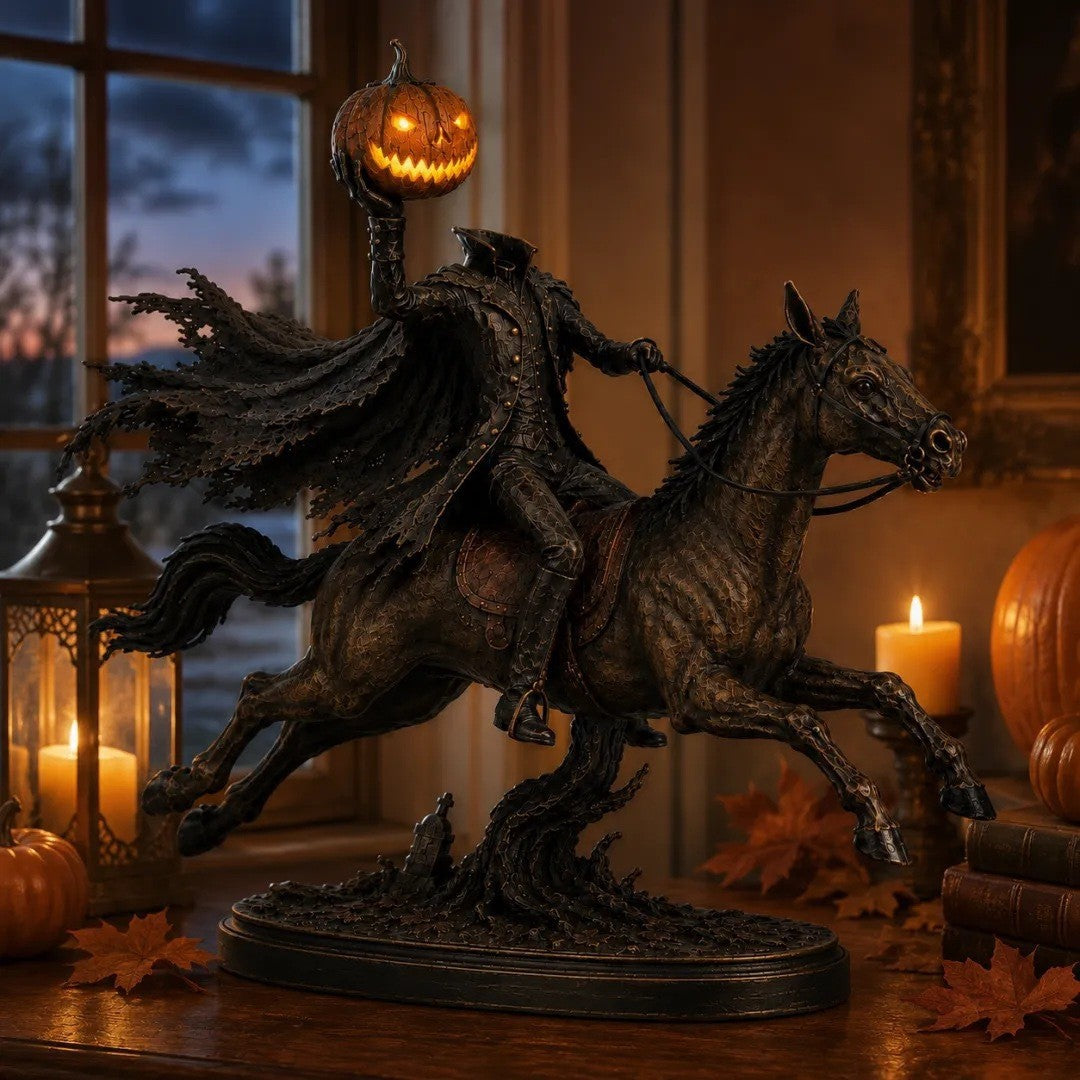 Decorative Halloween figure on horse with pumpkin Stornfield