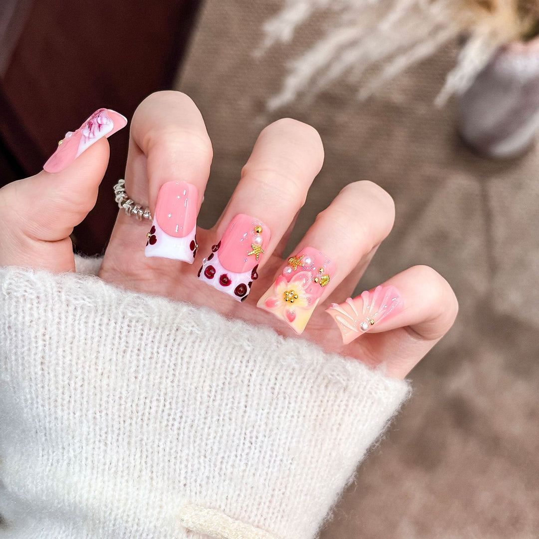 Artistic Acrylic Nail Design with Gem Accents