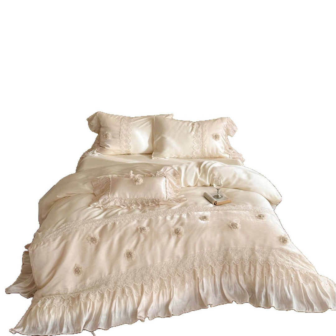 Lace-Trimmed Satin Ruffled Duvet Cover Set with Rosette Pillow Shams