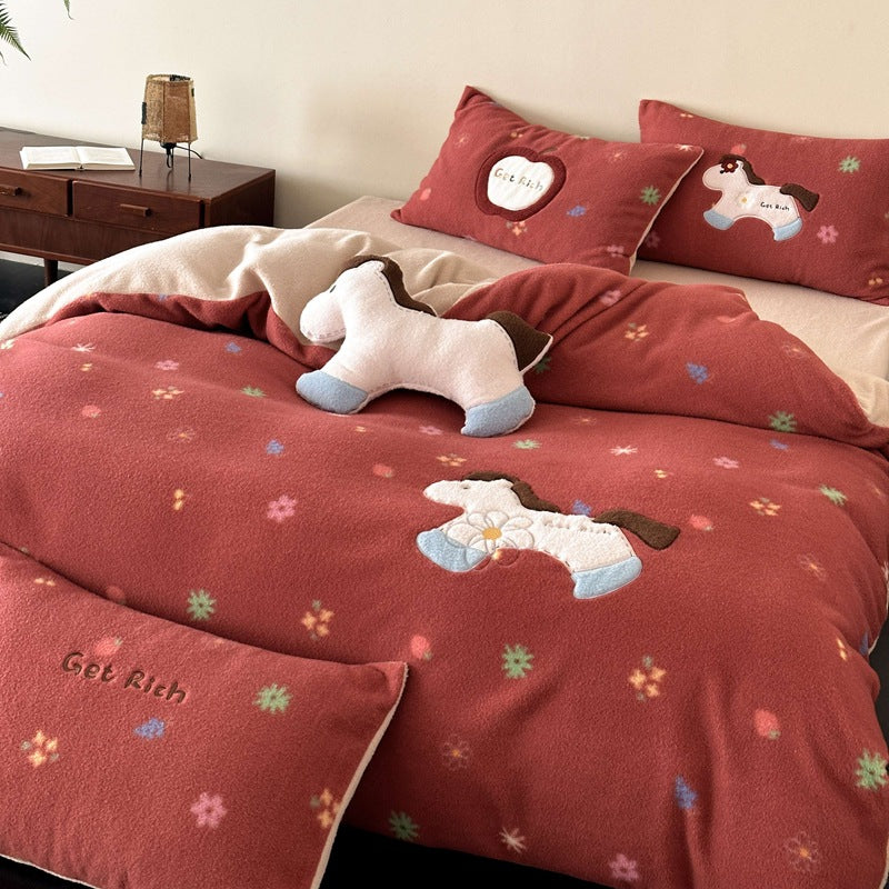 Cozy Reversible Bedding Set with Embroidered Horse Applique and Plush Toy
