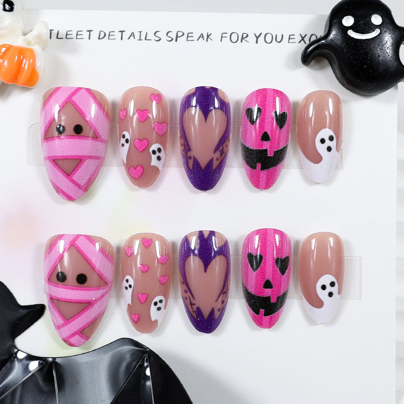 Halloween Artificial Nail Set with Playful Ghost and Heart Designs Stornfield