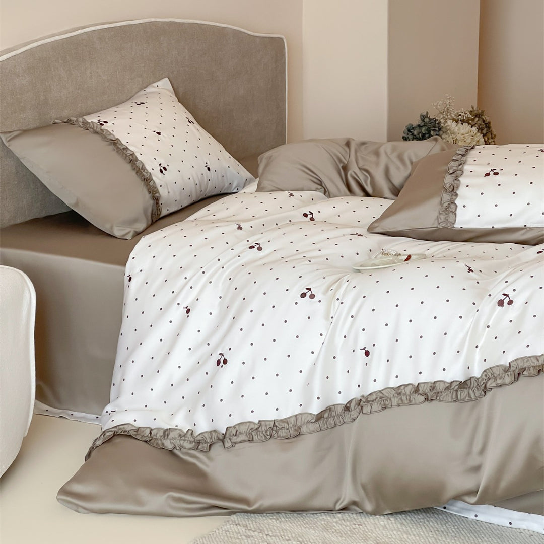 Polka Dot & Cherry Cotton Sateen Duvet Cover Set with Ruffled Hem and Reversible Back