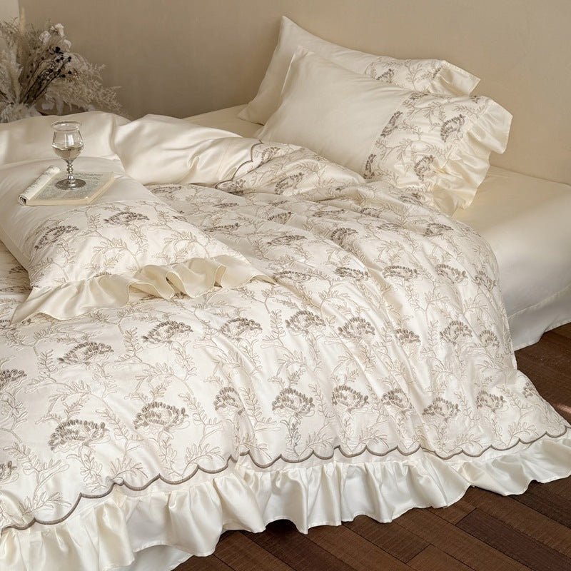 Embroidered Floral Ruffled Scalloped-Edge Duvet Cover Ensemble with Satin Trim