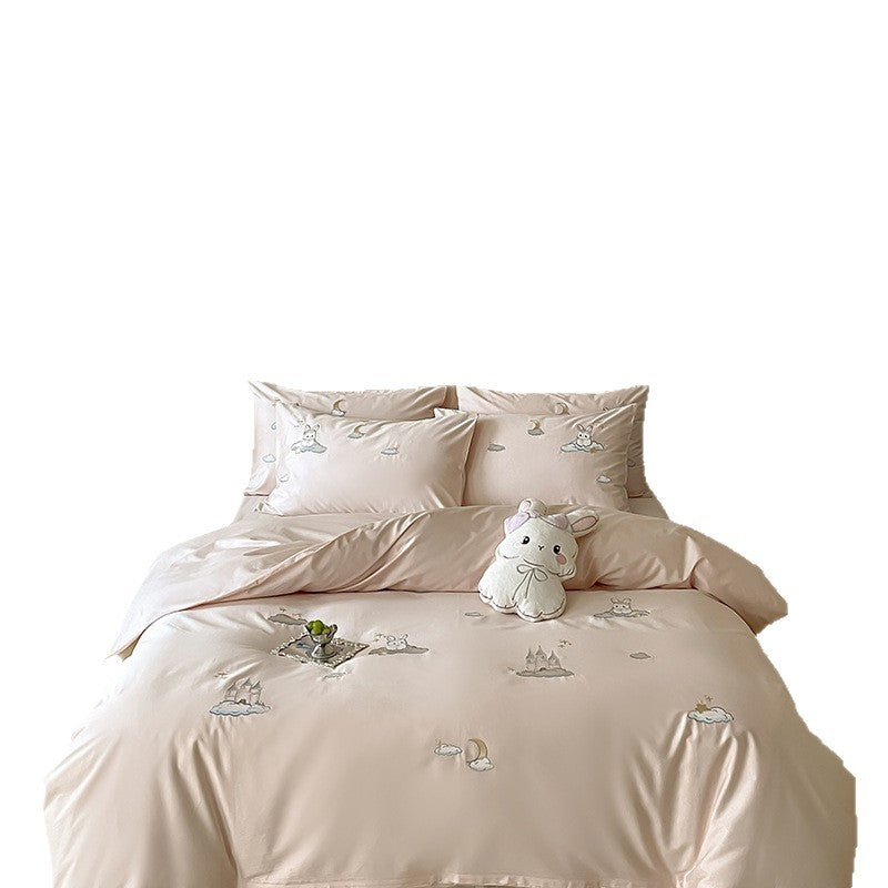 Premium Embroidered Cotton Duvet Cover Set with Plush Bunny Motif