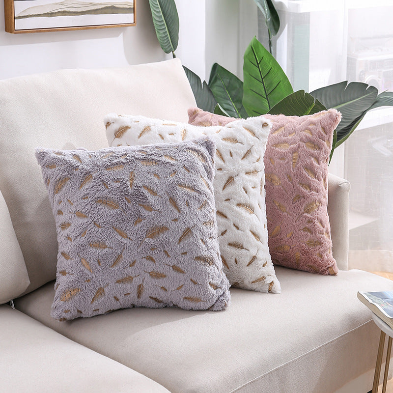 Plush Faux Fur Square Throw Pillow Cover with Metallic Leaf Embroidery