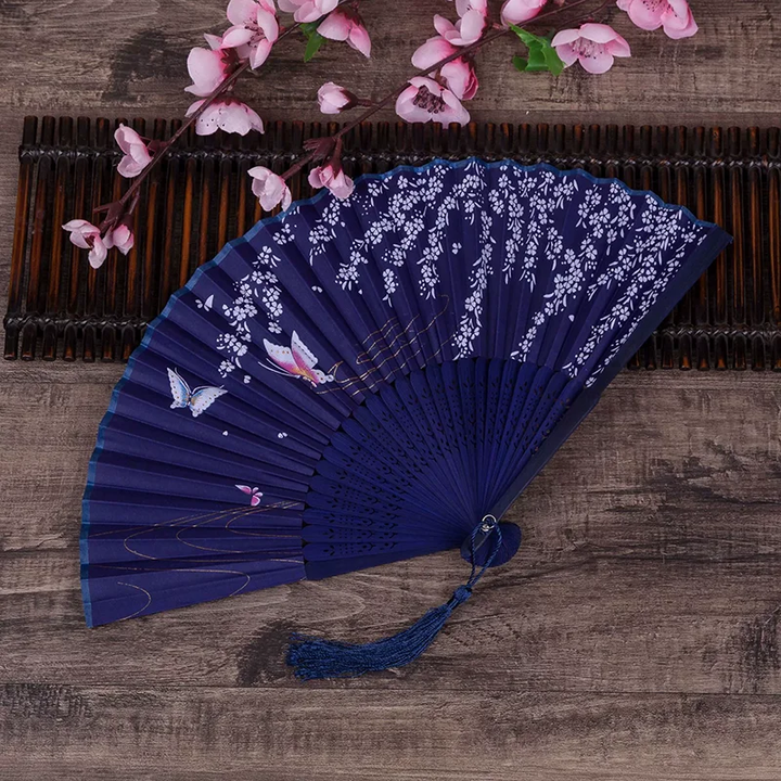 Ladies one size elegant silk folding fan with floral butterfly motif and tassel Stornfield