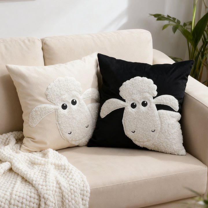 Plush Sherpa Appliqué Lamb Square Throw Pillow Cover with Hidden Zipper