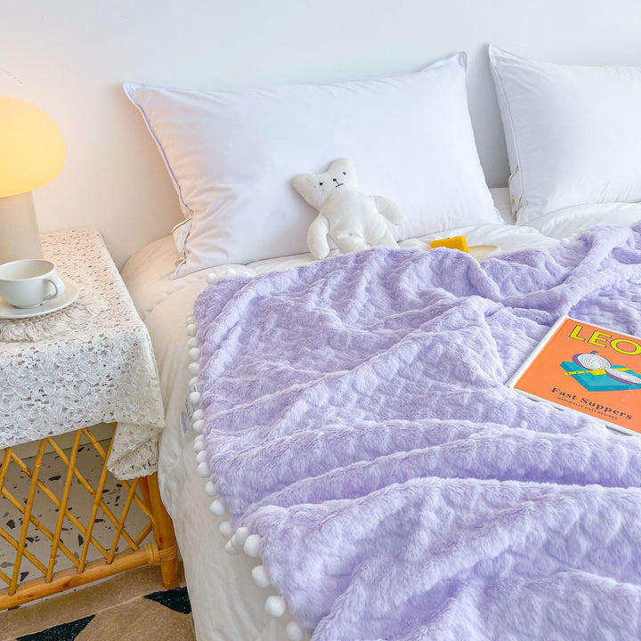 Plush Reversible Sherpa Throw Blanket with Pom-Pom Edge
