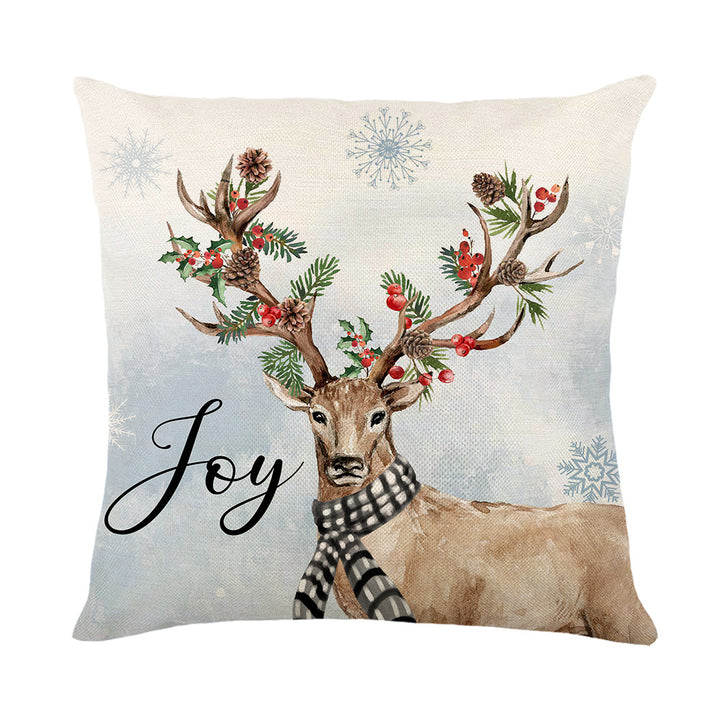 Festive Botanical Wreath Linen-Blend Cushion Cover with Painted Bird & Jingle Bells Artwork