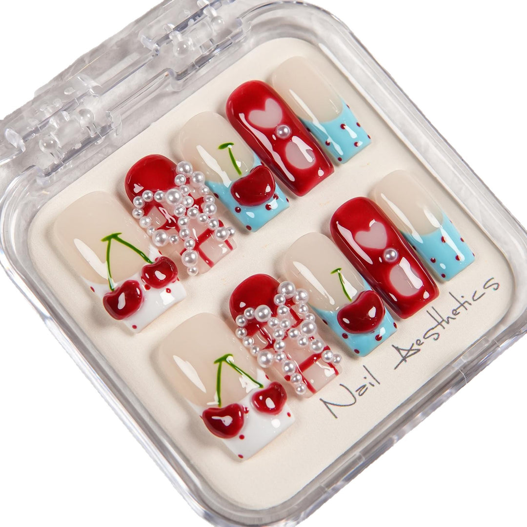 Artistic Press-On Nail Set with Cherry Design