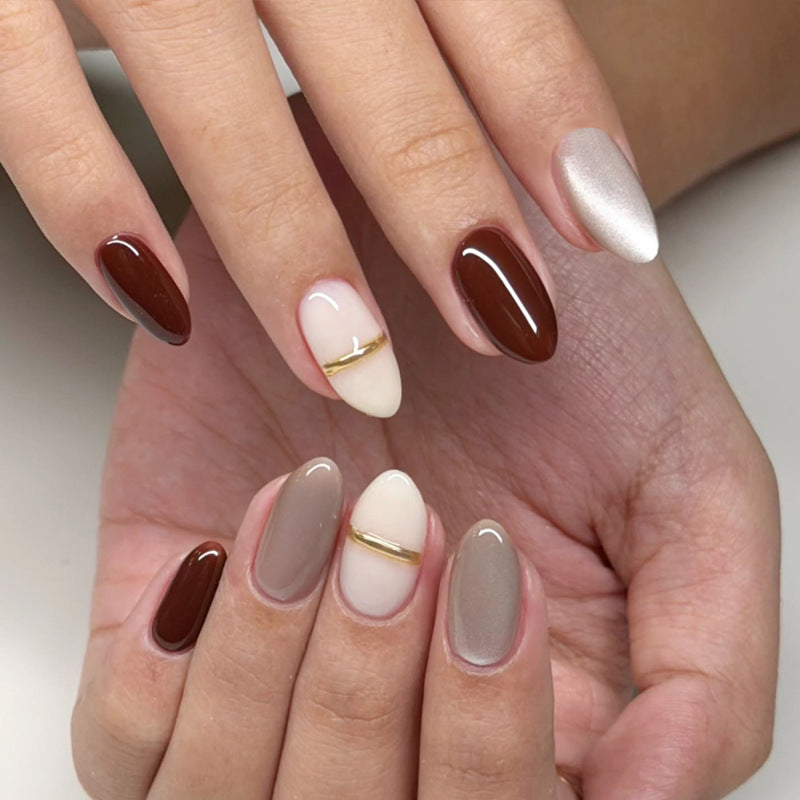 Elegant Almond-Shaped Press-On Nails Set with Gold Accents Stornfield