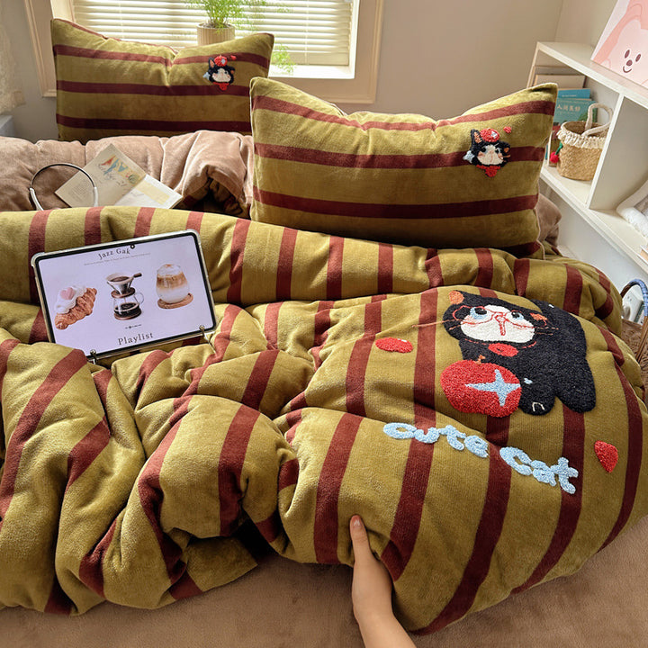 Plush Embroidered Cat Stripe Comforter Bedding Set