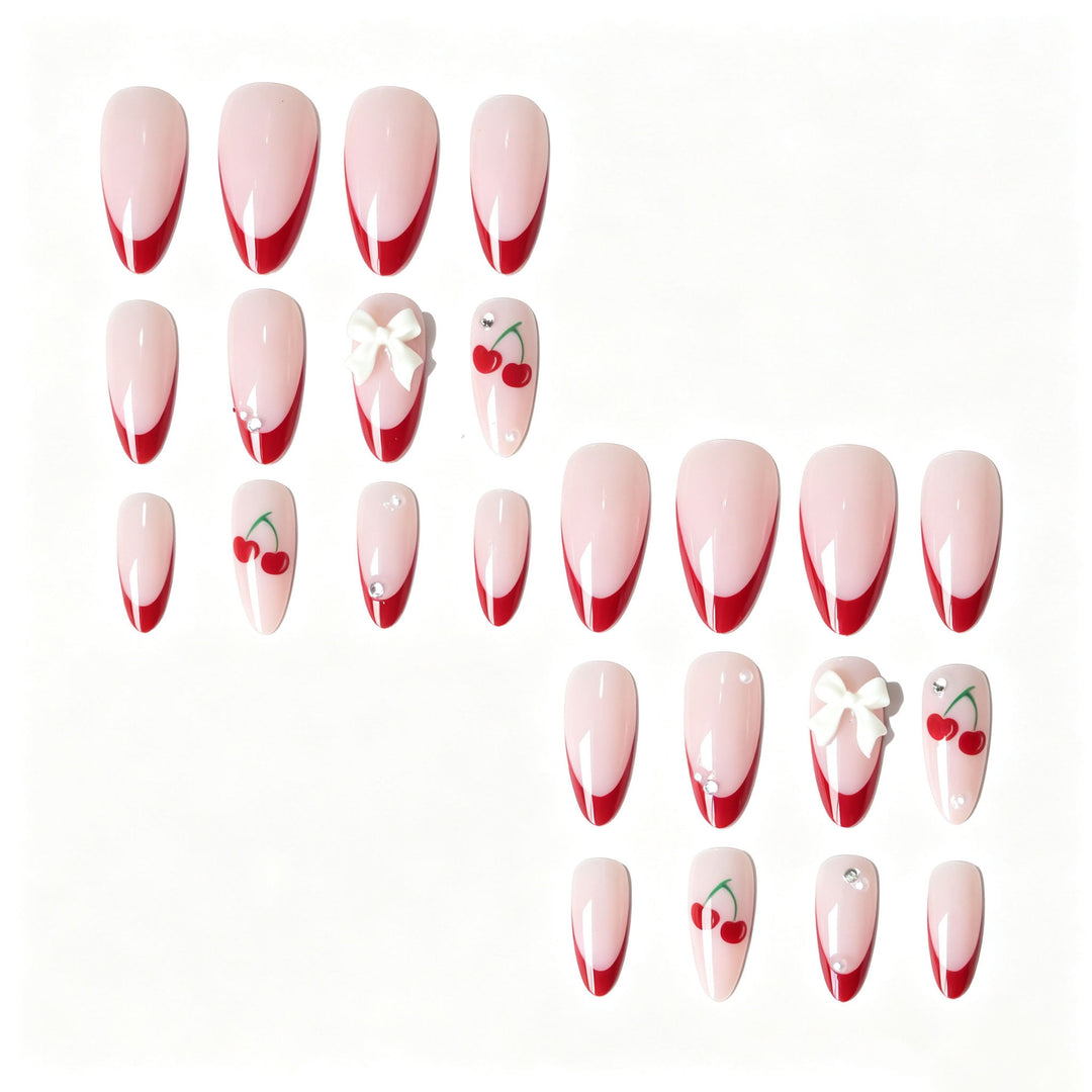 Artistic Cherry and Bow Nail Art Design