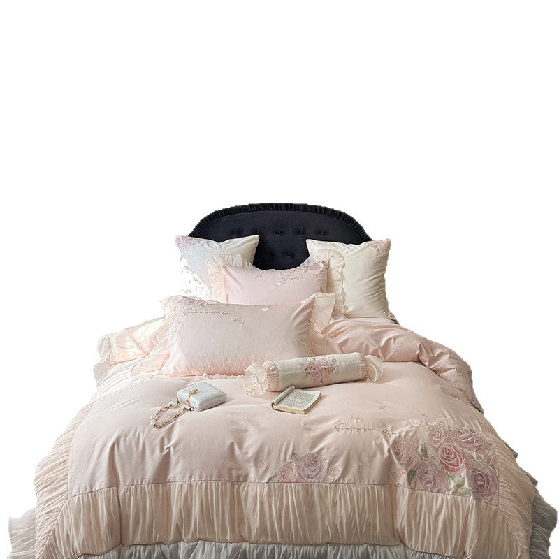 Romantic Floral Embroidered Ruffled Satin-Feel Duvet Cover Set with Decorative Bolster