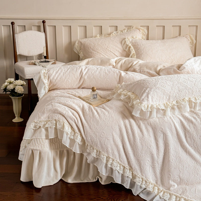 Quilted Jacquard Duvet Cover Set with Lace Ruffle and Decorative Pillow Shams