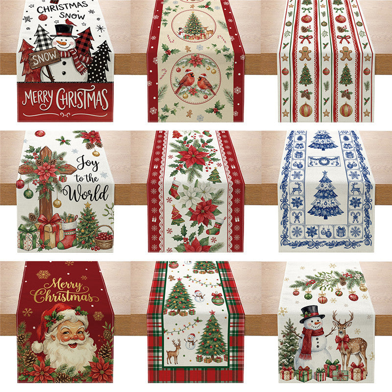 Festive Cotton-Linen Christmas Table Runner with Snowman and Plaid Tree Illustration