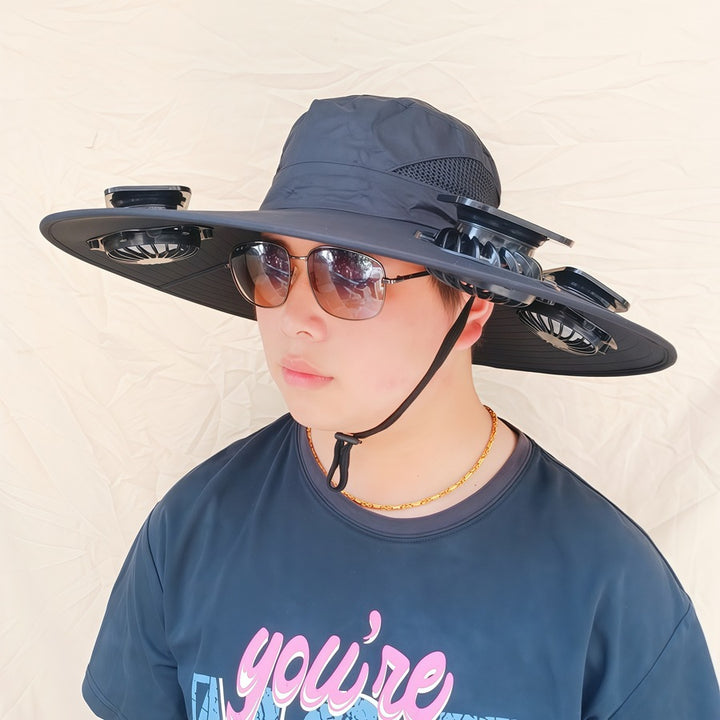 Wide-brimmed sun hat with detachable swivel solar fans and adjustable chin strap Stornfield