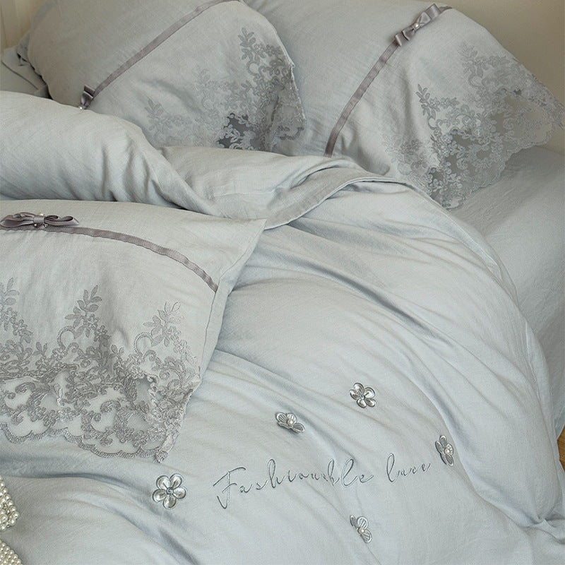 Romantic Lace-Edged Embroidered Duvet Cover Set with Satin Ribbon Trim & Scalloped Hem