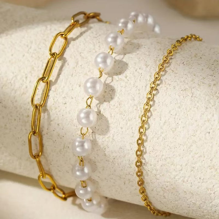 Elegant Layered Pearl and Chain Bracelet Set Stornfield