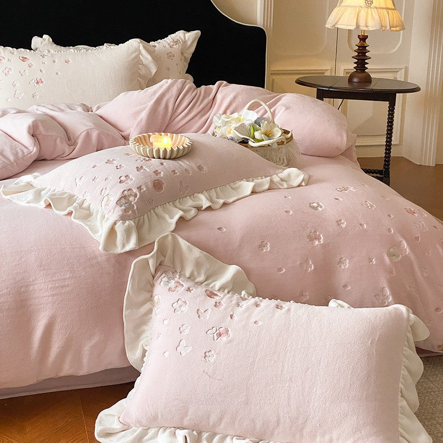 Soft Brushed Cotton Floral Embroidered Ruffled Duvet Cover & Sham Set