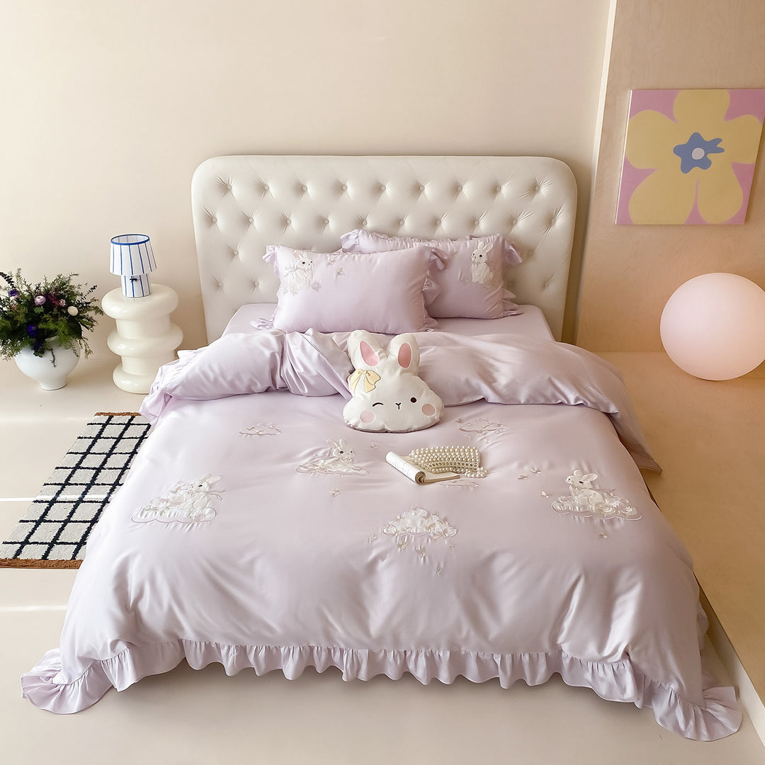 Silky Embroidered Bunny Satin Duvet Cover Set with Ruffled Hem & Oxford Shams