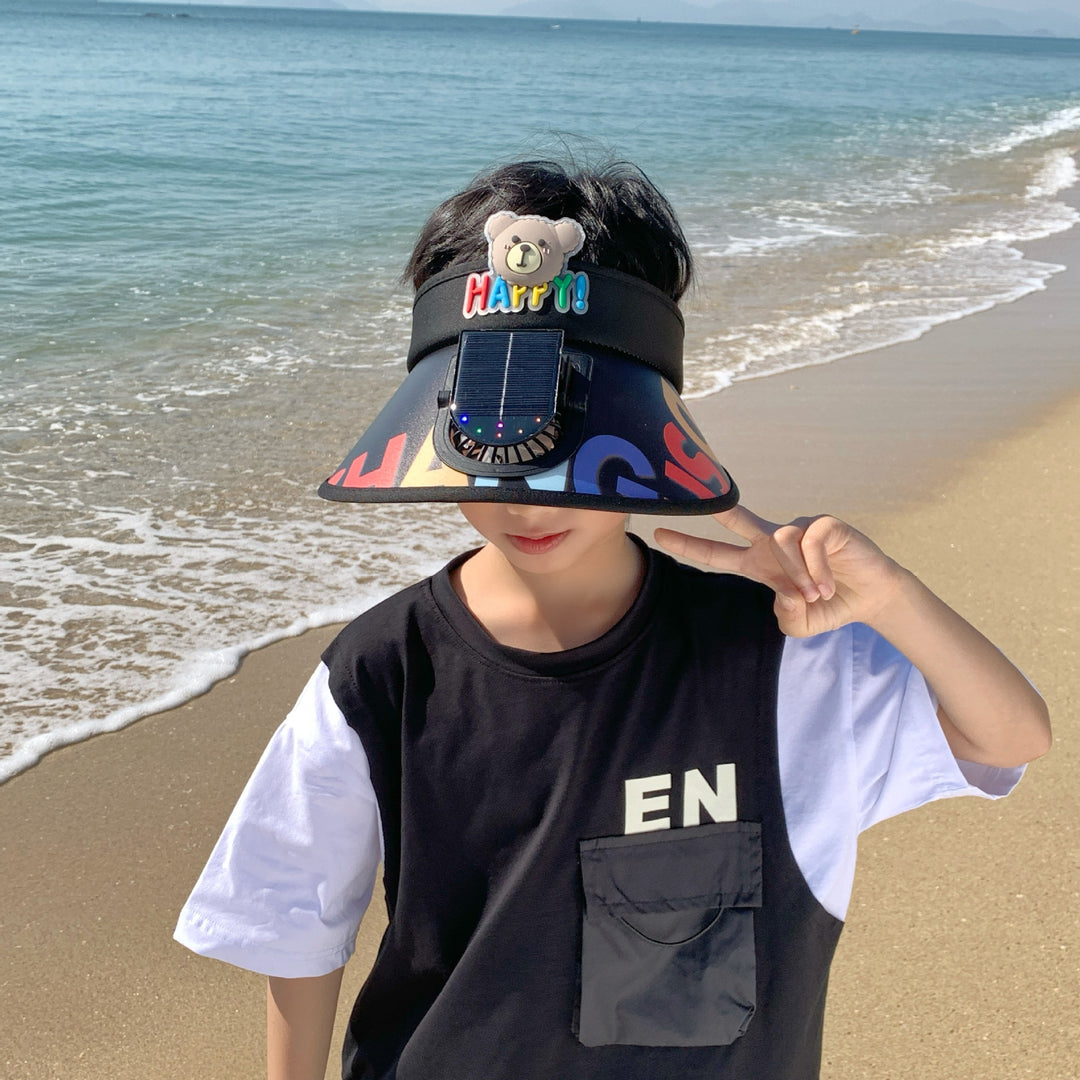 Adjustable children sun visor with integrated mini fan and extra wide brim Stornfield