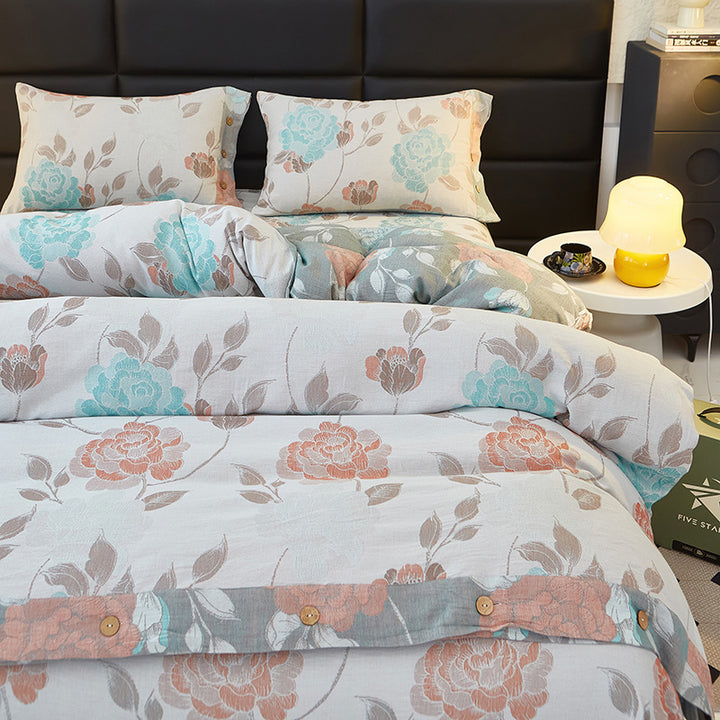 Reversible Cotton Floral Duvet Cover Set with Button Closure & Matching Pillow Shams